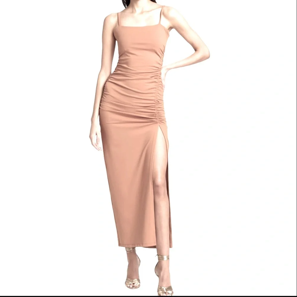 Susana Monaco Ivory Cream Nude Ruched Core Support Fitted Bodycon Maxi Dress - Picture 1 of 13